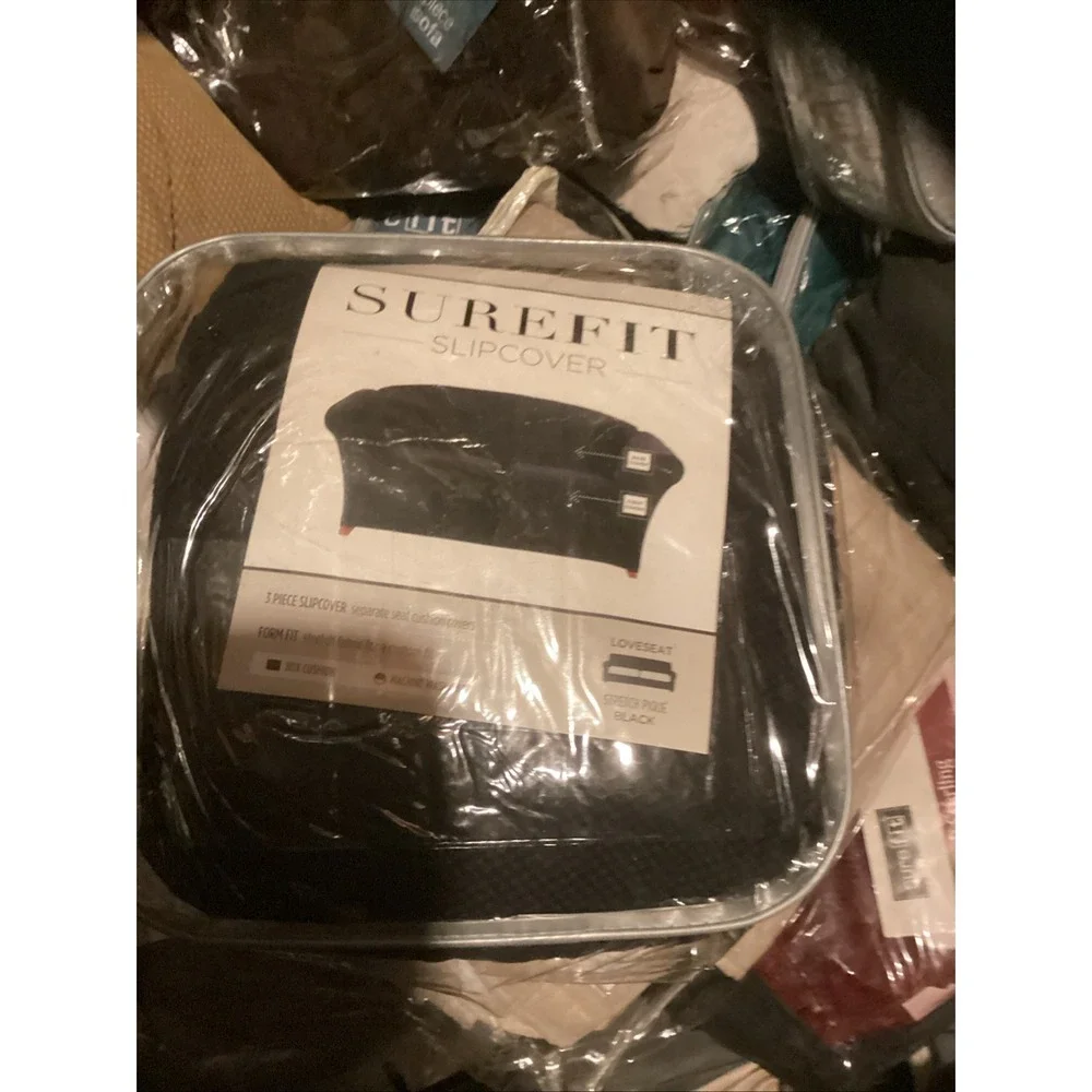 SureFit Stretch Pique 3 Piece Loveseat Slipcover Black NWT